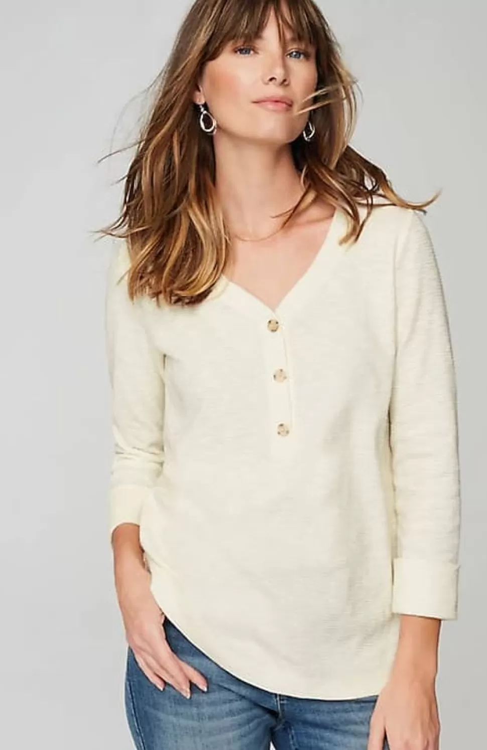 Textured-Cotton Rolled-Cuff Henley Top | Jjill | J.Jill Outlet